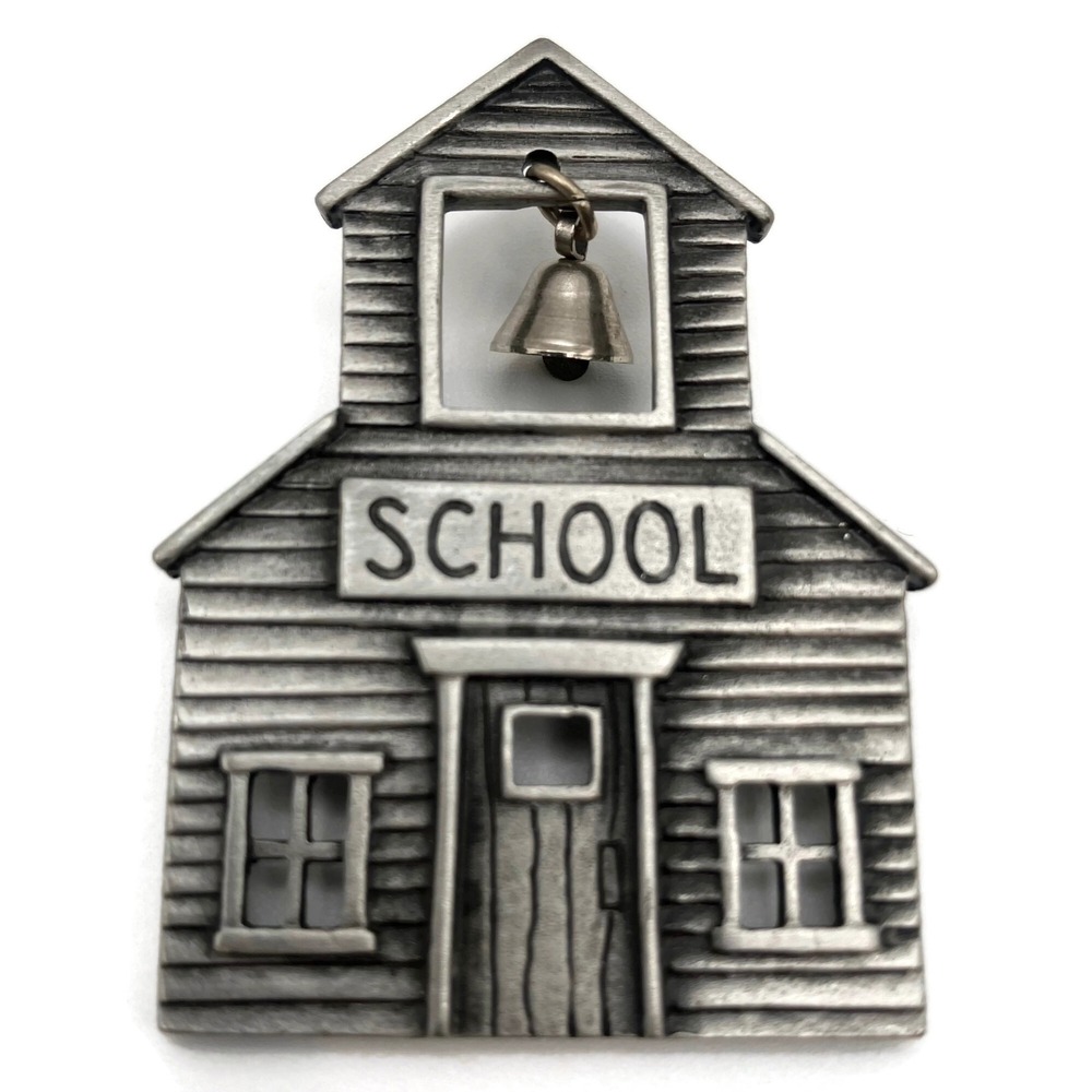 Vintage JJ Jonette Schoolhouse Brooch Silver Tone Pewter Articulated Bell